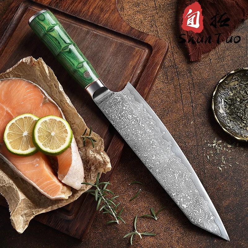 China Wholesale China Damascus Kiritsuke Knife with Double steel head colored wood handle manufacturer