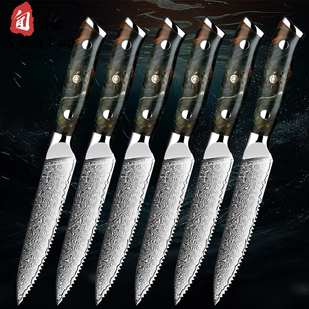 China Wholesale restaurant damascus steak knife set, 1/4/6pcs with stabilized wood handle manufacturer