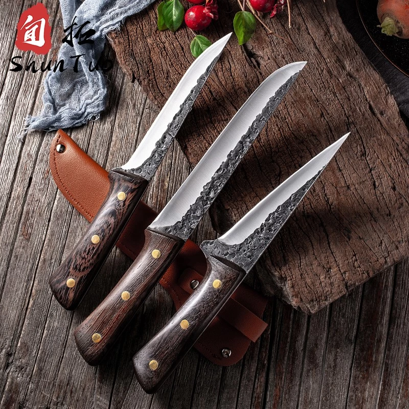 China Slaughter knife set with sheath hot selling, hand forging 3pc wood handle stainless steel butcher manufacturer