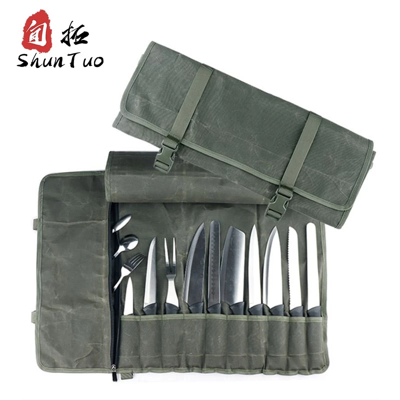 Chine Sac en rouleau de couteau de chef en toile cirée, haute qualité, vert, 10 fentes, usine chinoise, à vendre fabricant