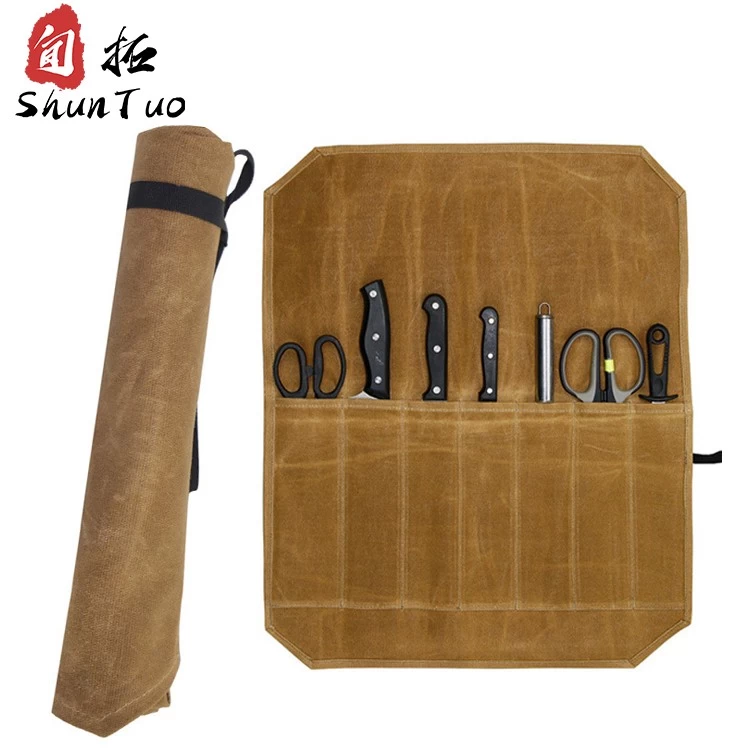 Chine Toile cirée vert kaki, fournisseur chinois, ensemble de 7 outils, sac de rangement de couteaux d'extérieur pour chef fabricant