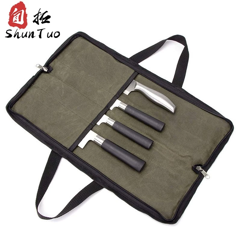 China high quality 4 slot Waxed canvas hand-held Chef's knife roll bag Chinese factory supply manufacturer