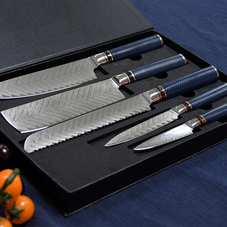 Chiny 5PCS fishbone pattern Damascus steel kitchen knife with aluminum honeycomb resin handle - COPY - r7aaij producent