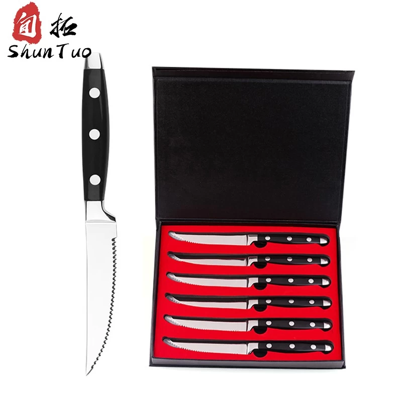 Chine Couteaux à steak en dents de scie, fournisseur chinois de haute qualité, boîte cadeau 6 pièces, manche G10 noir fabricant