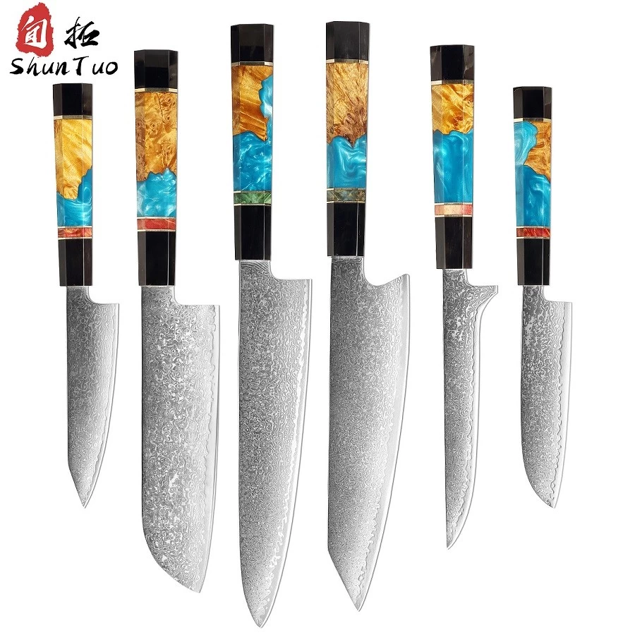 Kina 6 pcs damascus knife set with premium stable wood&resin&horn handle - COPY - 8ak98m tillverkare