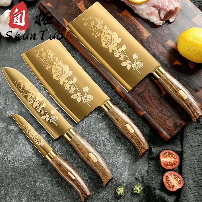 China Economical and Stylish 4 Piece Gold Stainless Steel Knife Set with Wood Handle manufacturer