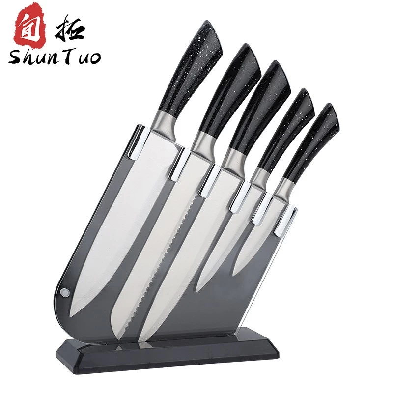 Chine Ensemble de couteaux de cuisine colorés en acier inoxydable 3Cr13, haute qualité, vente en gros en chine, 5 pièces avec support fabricant