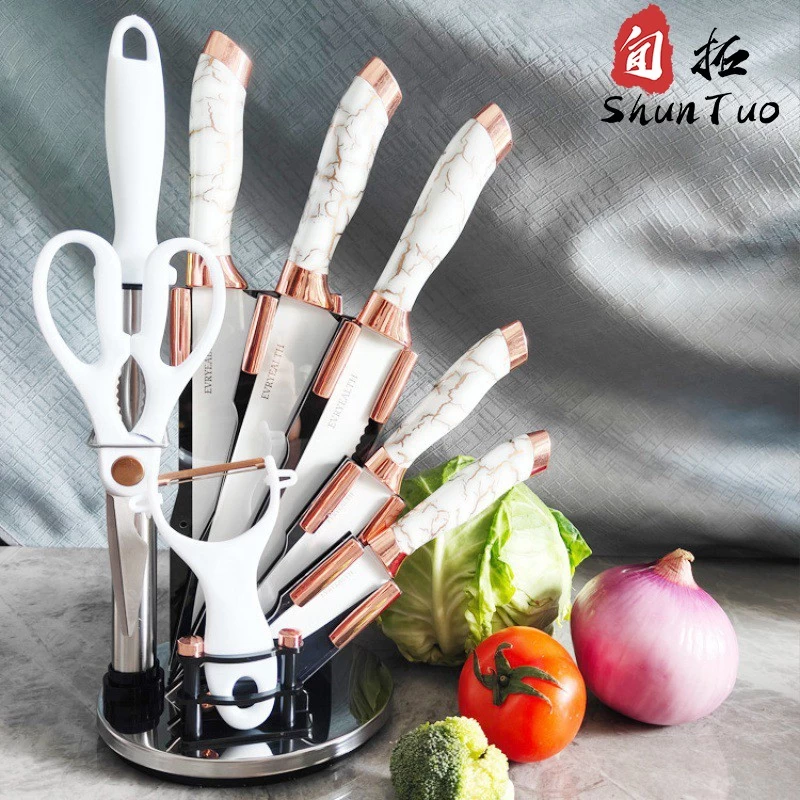 China Hot Selling Chinese Wholesale 8Pcs 3CR13 Stainless Steel Kitchen Knives Set With Rotate Block manufacturer