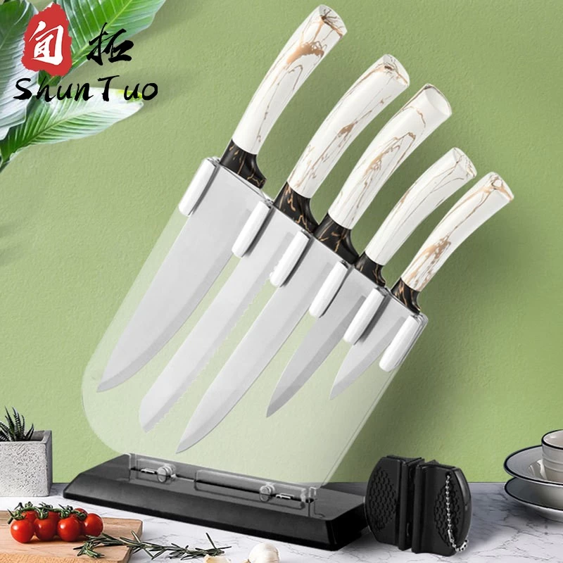 Chine Ensemble de couteaux de cuisine en acier inoxydable, fabricant chinois de haute qualité, 5 pièces avec bloc Transparent fabricant