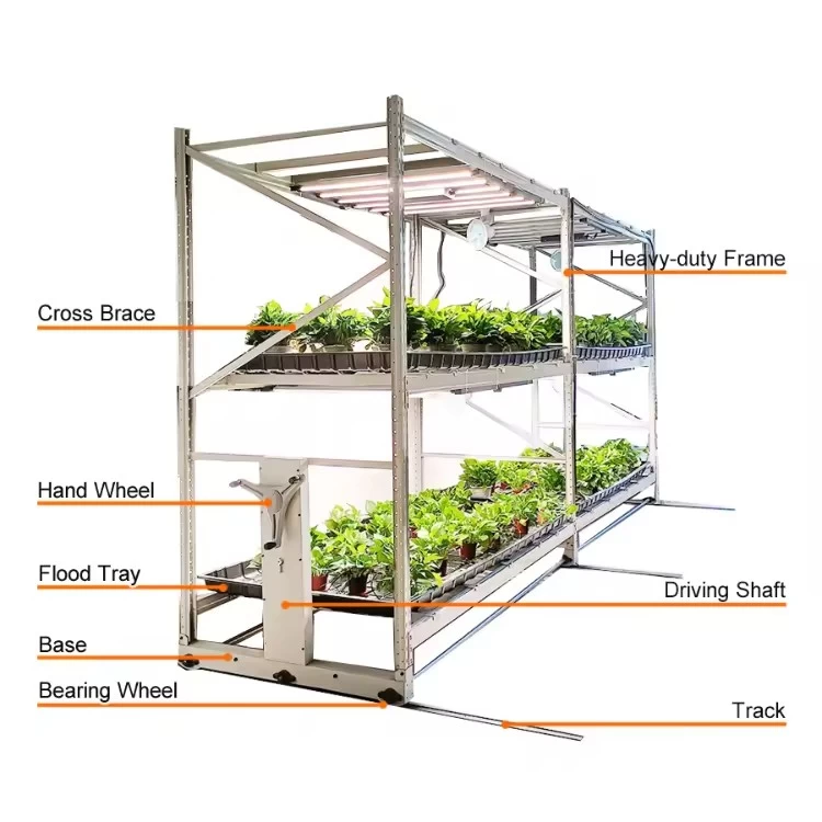 China Factory Hydroponics Vertical Farming Plant Growing System Movable Multi Tiers Abs Flood Tray Rolling Bench Rack manufacturer