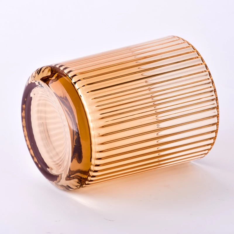 Customized Amber Glass Candle Holders 440ml Ribber Glass Candle Jars