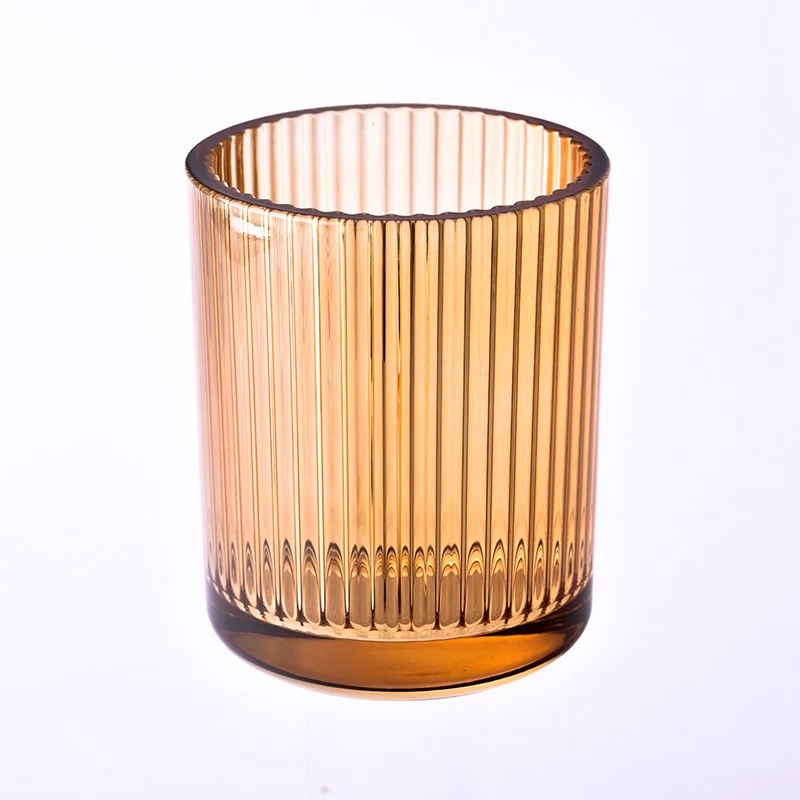 Customized Amber Glass Candle Holders 440ml Ribber Glass Candle Jars