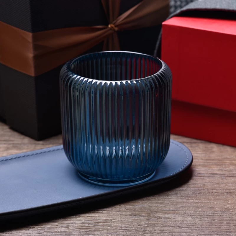Wholesale newly design vertical glass candle vessel with blue color on 8oz glass candle holder