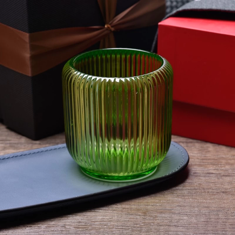 glossy green glass candle jar stripes supplier