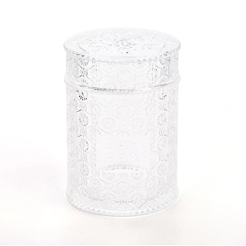 China 20oz Jumbo Glass Candle Jar with Lids Embossed Glass Candle Vessels with Lids manufacturer