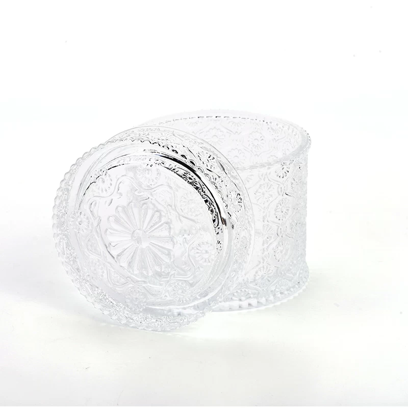 Customized 475ml Embossed Glass Candle Vessels with Lids Home Decoration
