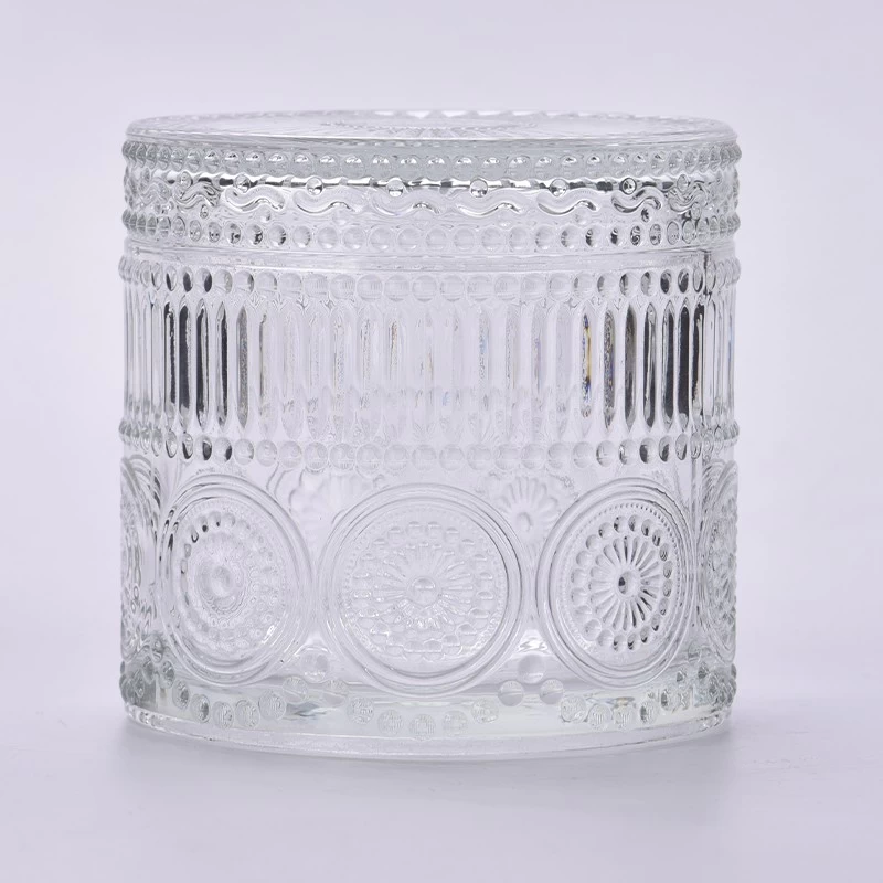 Embossed Glass Candle Jars with Lids Wholesale
