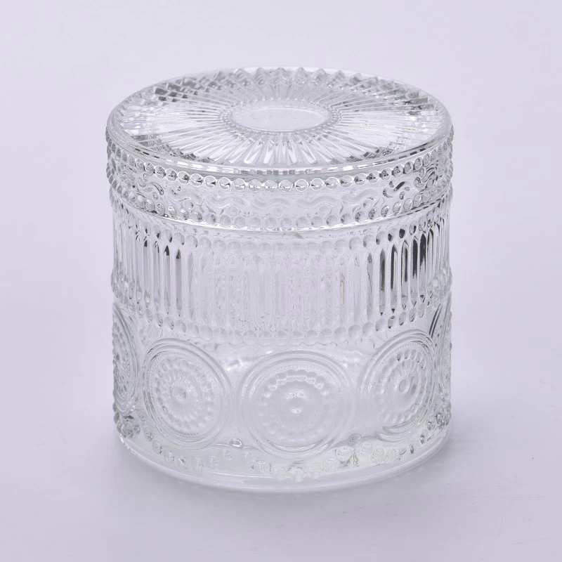 Embossed Glass Candle Jars with Lids Wholesale
