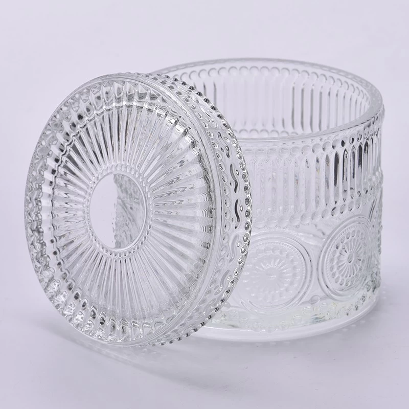 Embossed Glass Candle Jars with Lids Wholesale