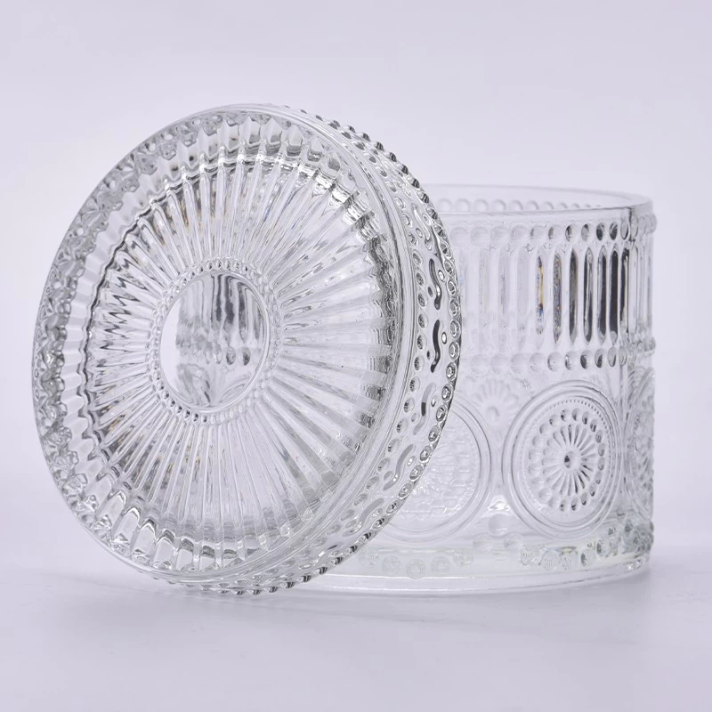 Embossed Glass Candle Jars with Lids Wholesale