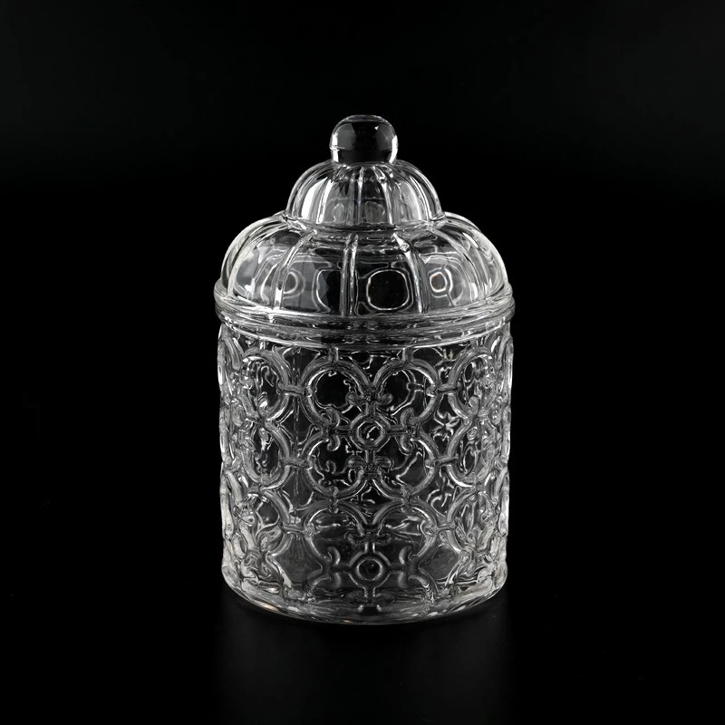 Unique Empty Embossed Glass Candle Vessel With Lids Wholesale