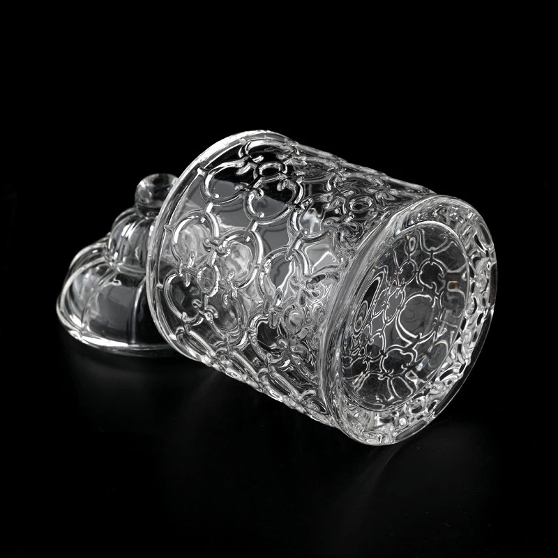 Unique Empty Embossed Glass Candle Vessel With Lids Wholesale