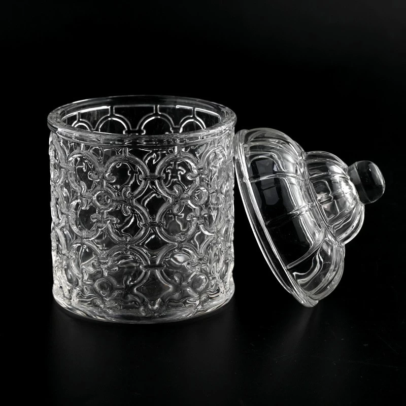 Unique Empty Embossed Glass Candle Vessel With Lids Wholesale