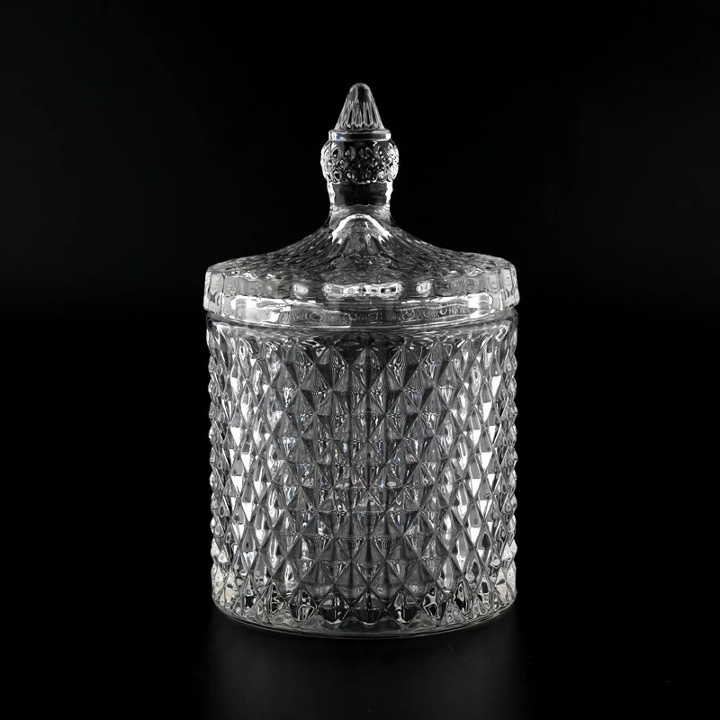 530ml GEO Embossed Glass Candle Jars With Lids Custom Color Glass Candle Vessels