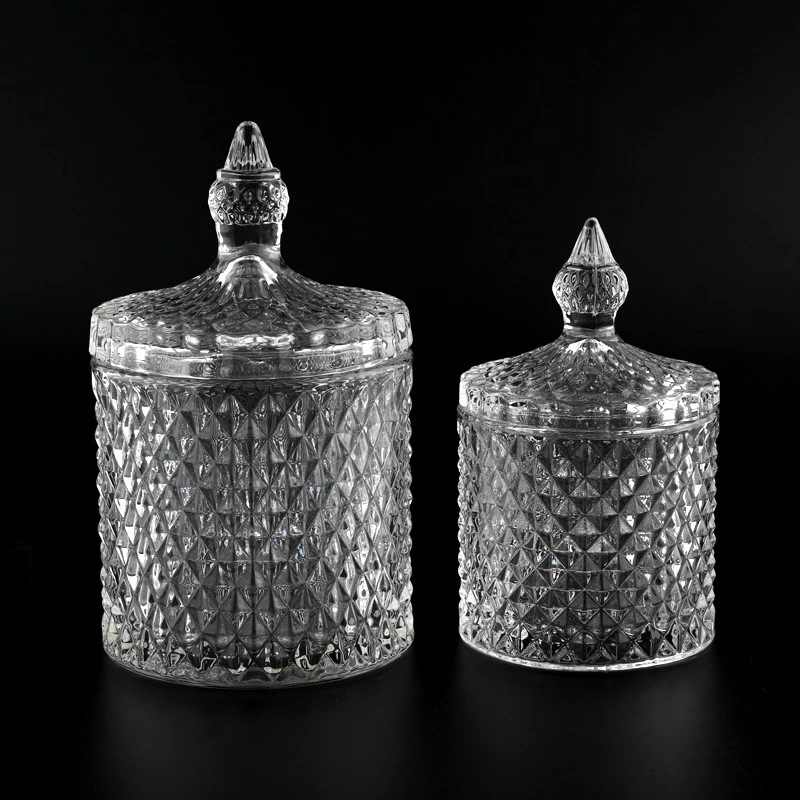 530ml GEO Embossed Glass Candle Jars With Lids Custom Color Glass Candle Vessels