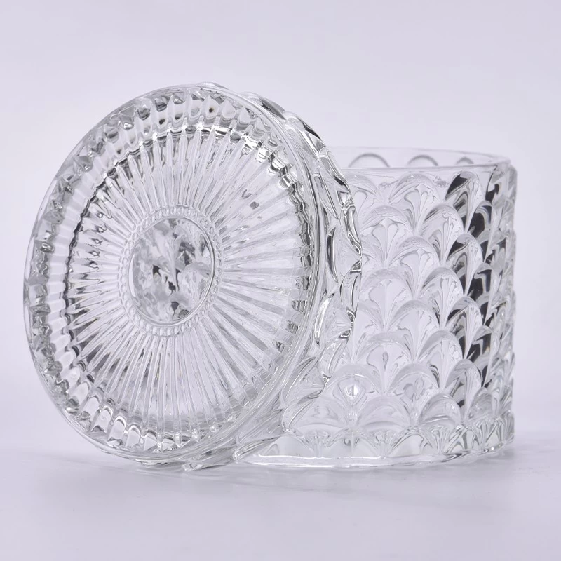 Luxury Empty Embossed Glass Candle Jar Candle Glass Container Holder With Glass Lid For Candle Making