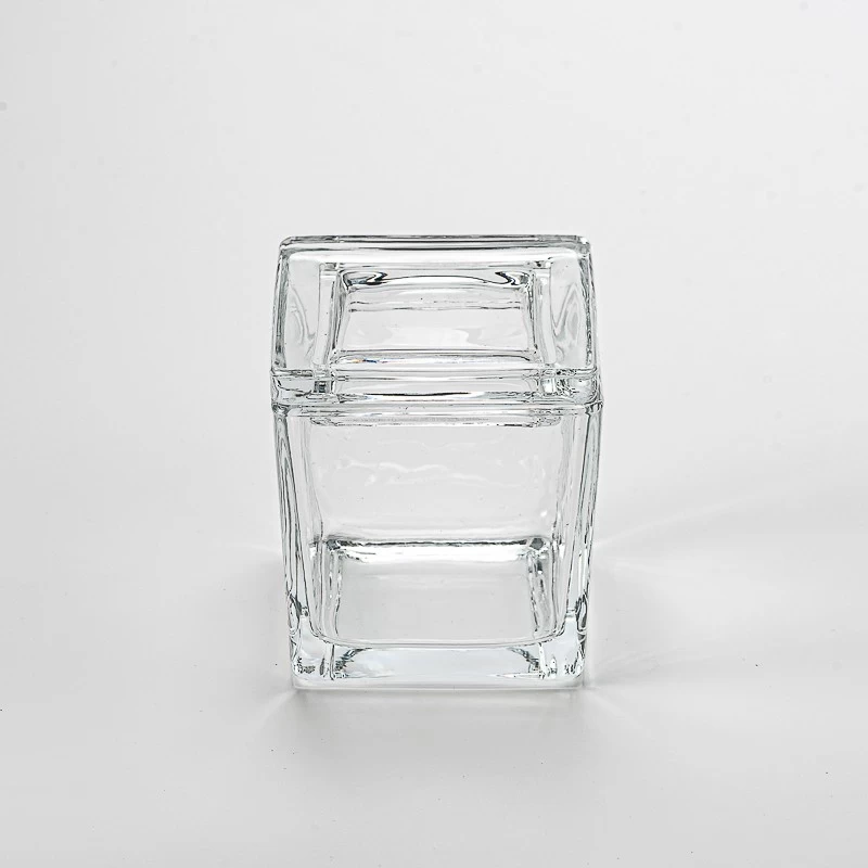 Wholesale square clear glass candle jar with glass lid