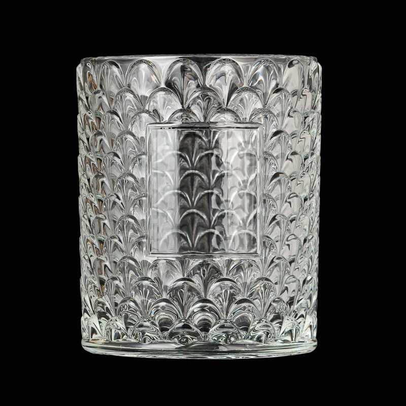 China Fan Patten Glass Candle Jars New Arrival Fan Embossed Glass Candle Holders manufacturer