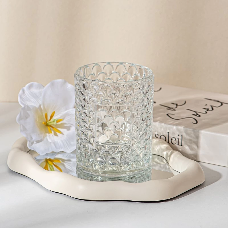 Fan Patten Glass Candle Jars New Arrival Fan Embossed Glass Candle Holders