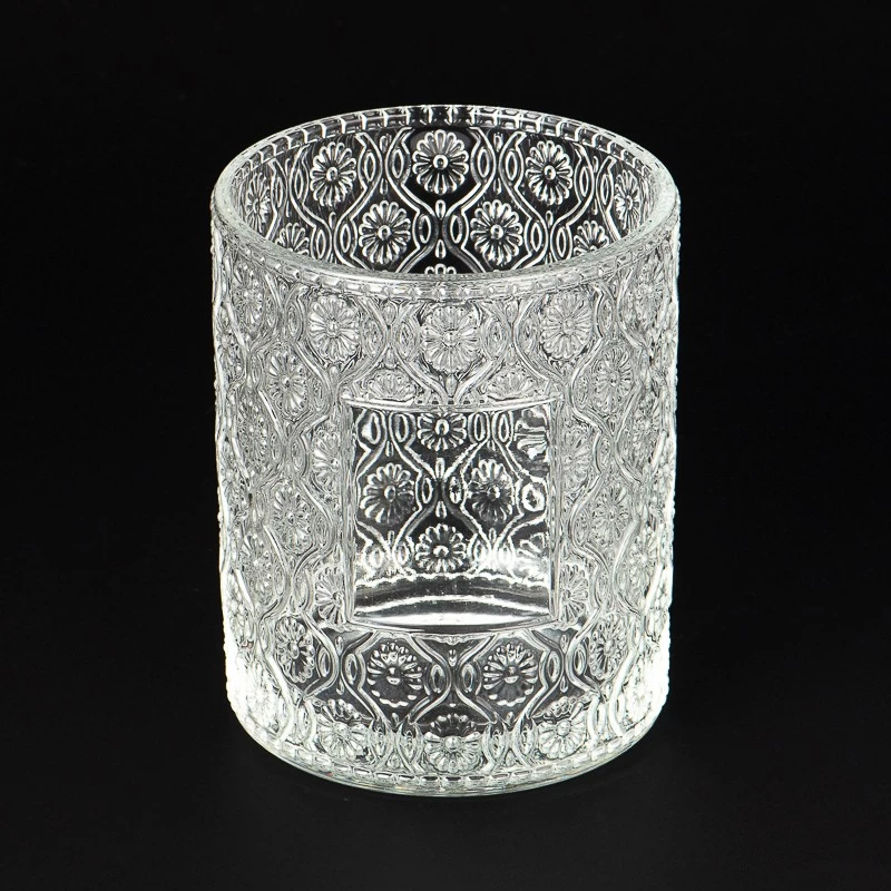Floral Embossed Pattern Glass Candle Jars Custom Color Floral Glass Candle Vessels
