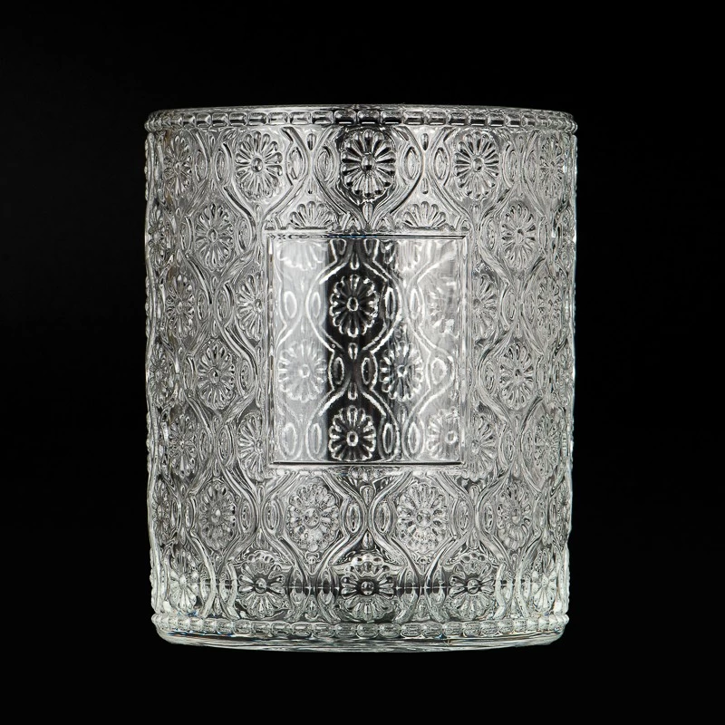 China Floral Embossed Pattern Glass Candle Jars Custom Color Floral Glass Candle Vessels manufacturer