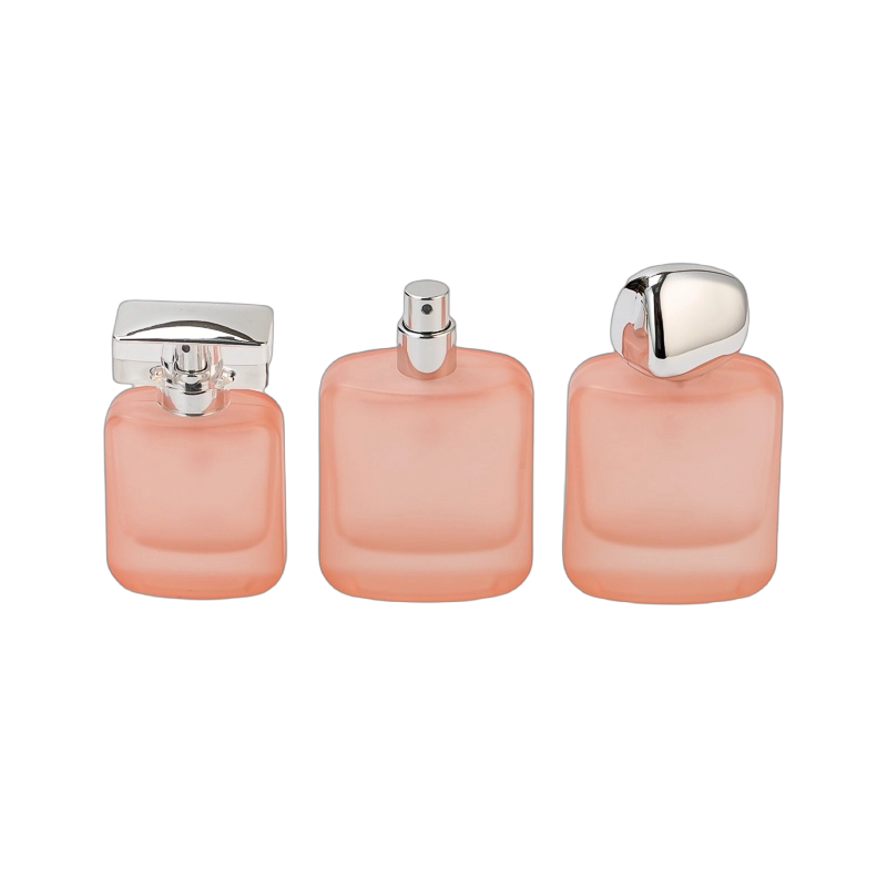 Square Frosted Pink Glass Bottle Perfume Fragrance Bottle with Silver Lid