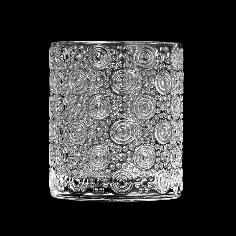 Round Clear Glass Jar Embossed Design Glass Candle Container Wholesale