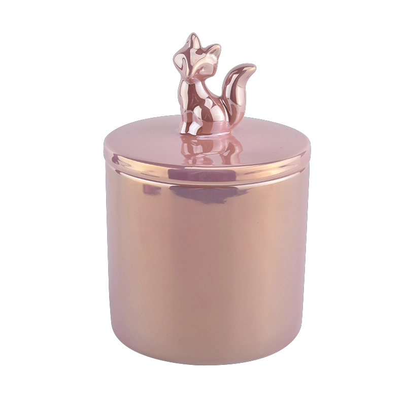 Unique Pink Ceramic Candle Jar With Fox Lid for Candle Making
