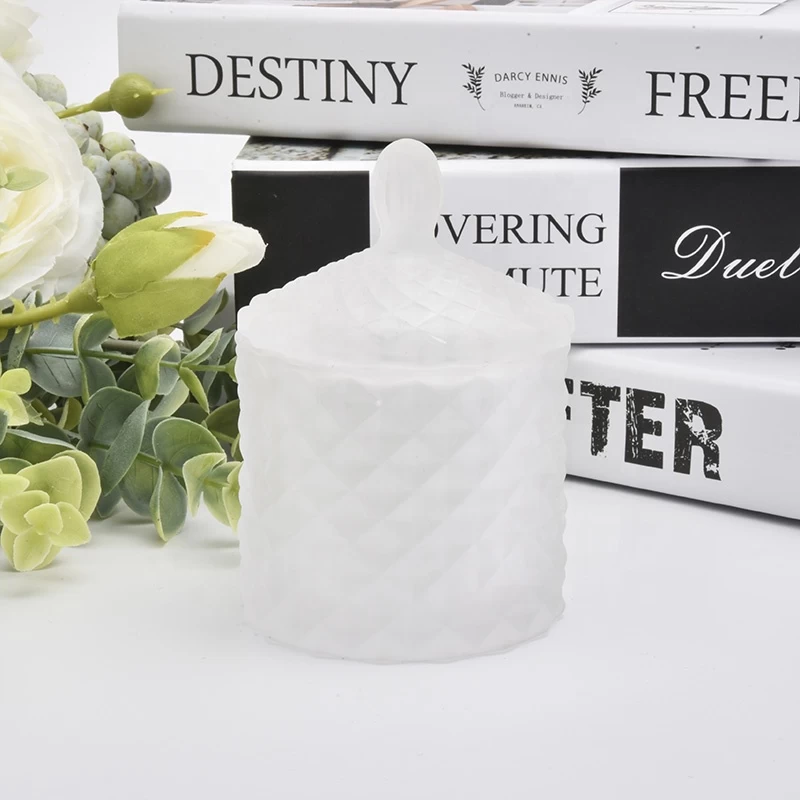 Frosted Geo cut White Glass Candle containers with lid