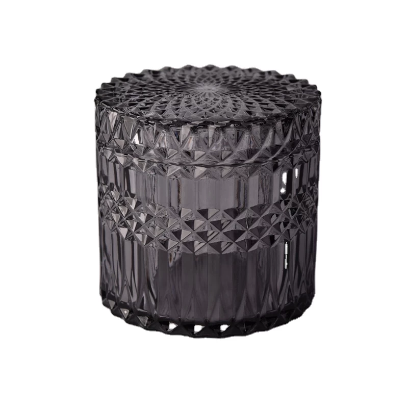 Popular 12oz GEO Cut black glass candle jar with lids