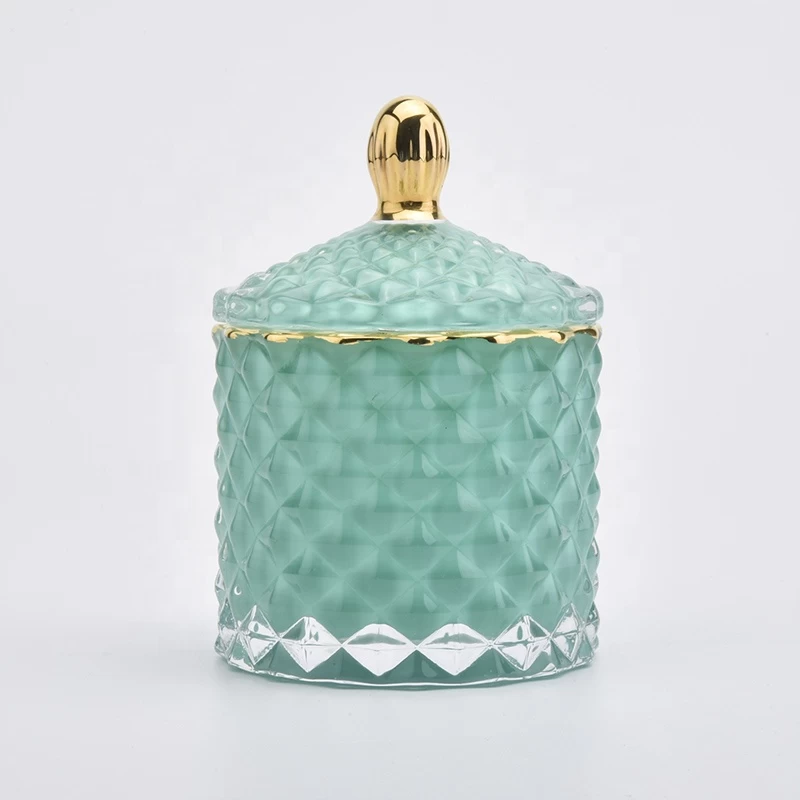 Customized green embossed glass candle jar with lid wedding decoration
