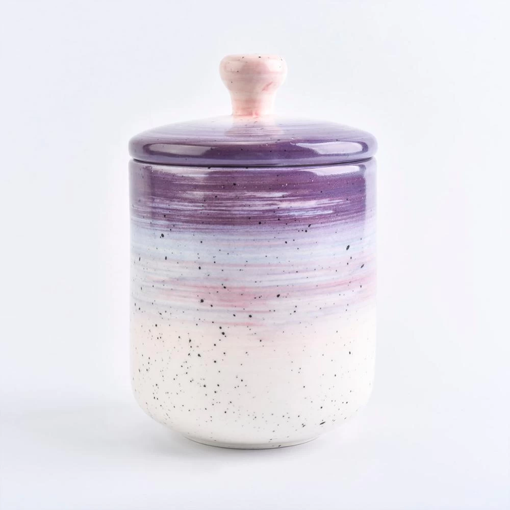 White purple enamel ceramic tealight candle holder jar with lid for home decor