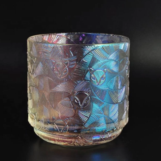 Empty Embossed Fox Pattern Holographic Glass Candle Jar With Lids