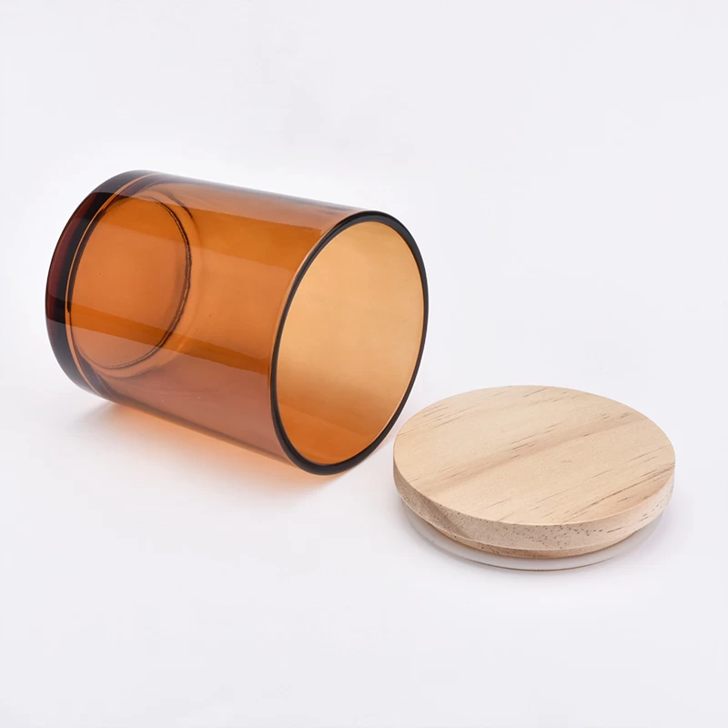 400ml Amber Glass Candle Holder With Wooden Lids