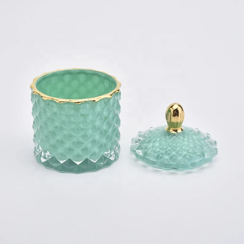 Customized green embossed glass candle jar with lid wedding decoration