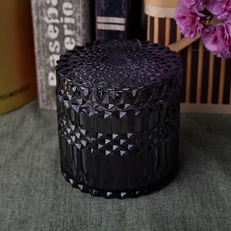GEO Cut black glass candle jar with lid