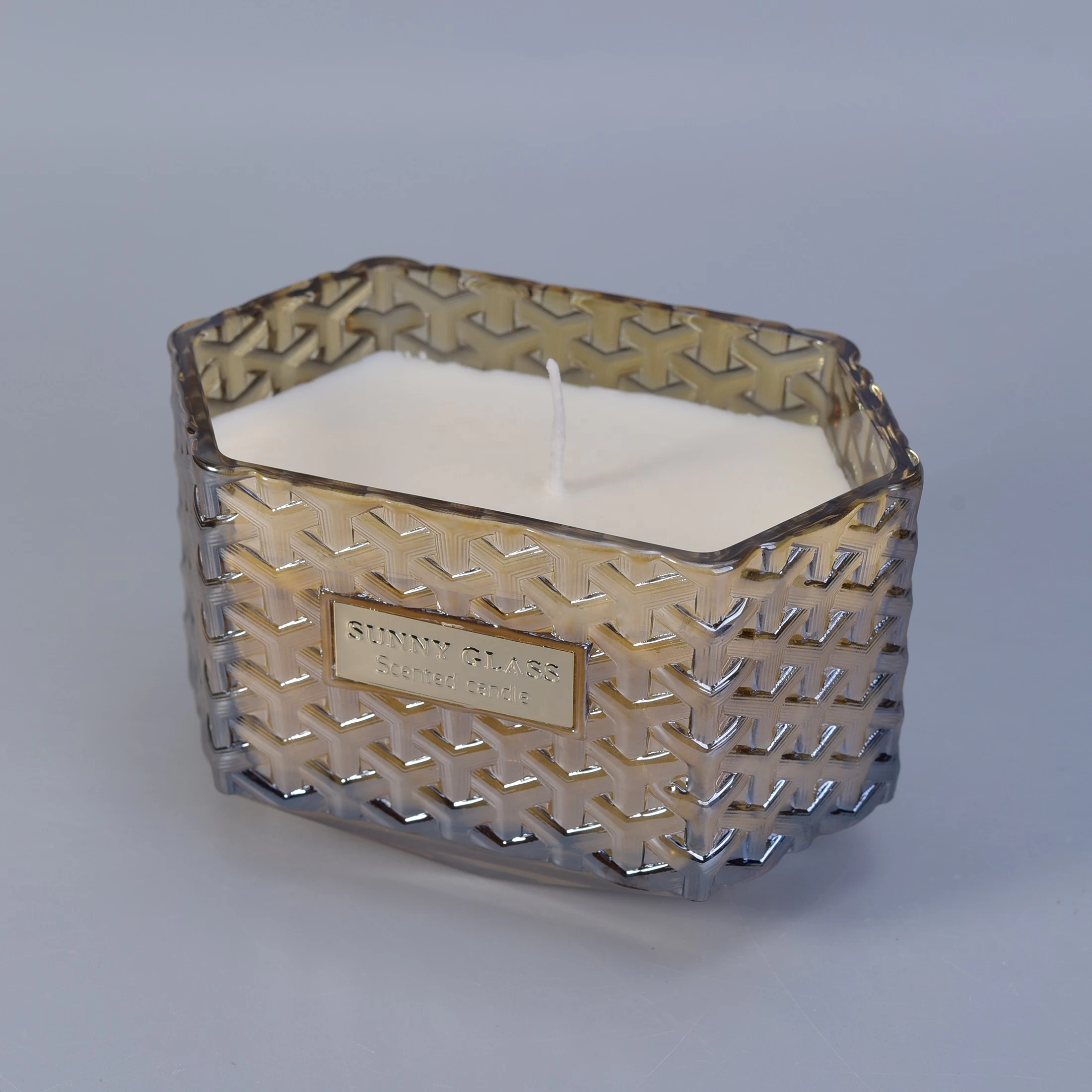 10oz 12oz Sunny woven decorative glass candle holder with wooden lids