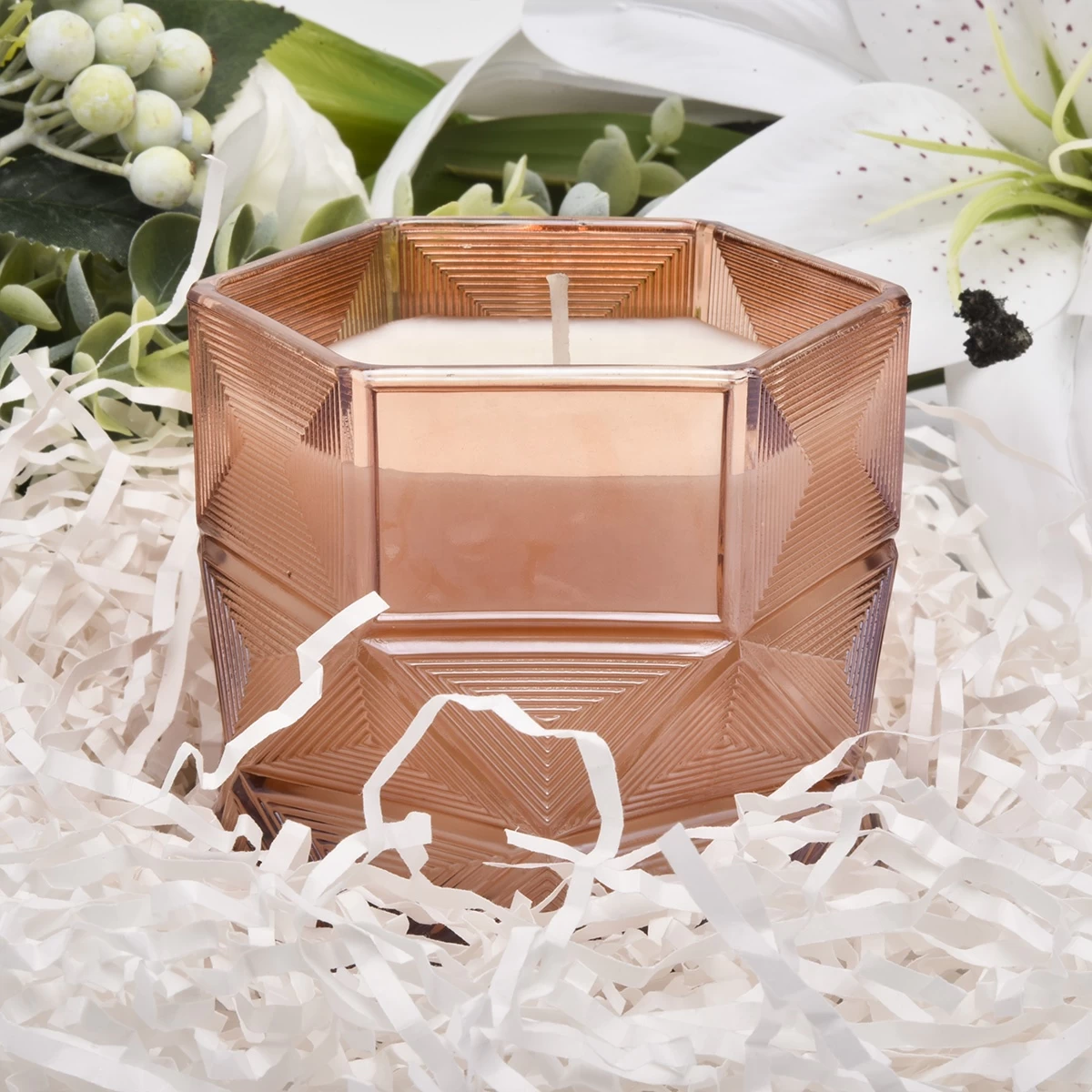 Luxury amber Hexagon decorative candle glass holder container