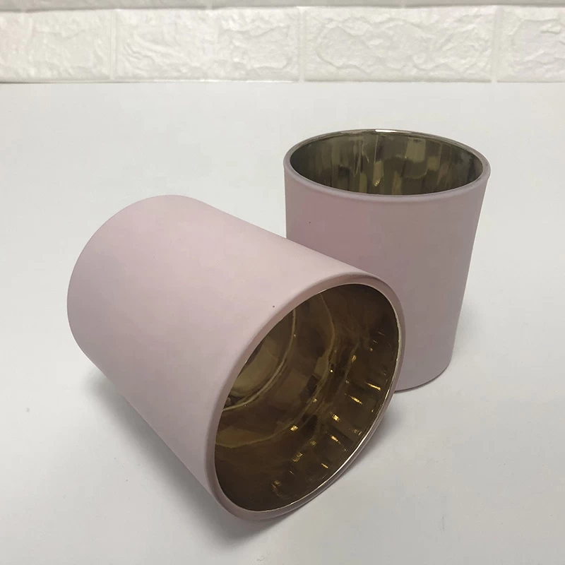 8oz 10oz Matte Pink Glass Candle Holders With Gold Plating Inside