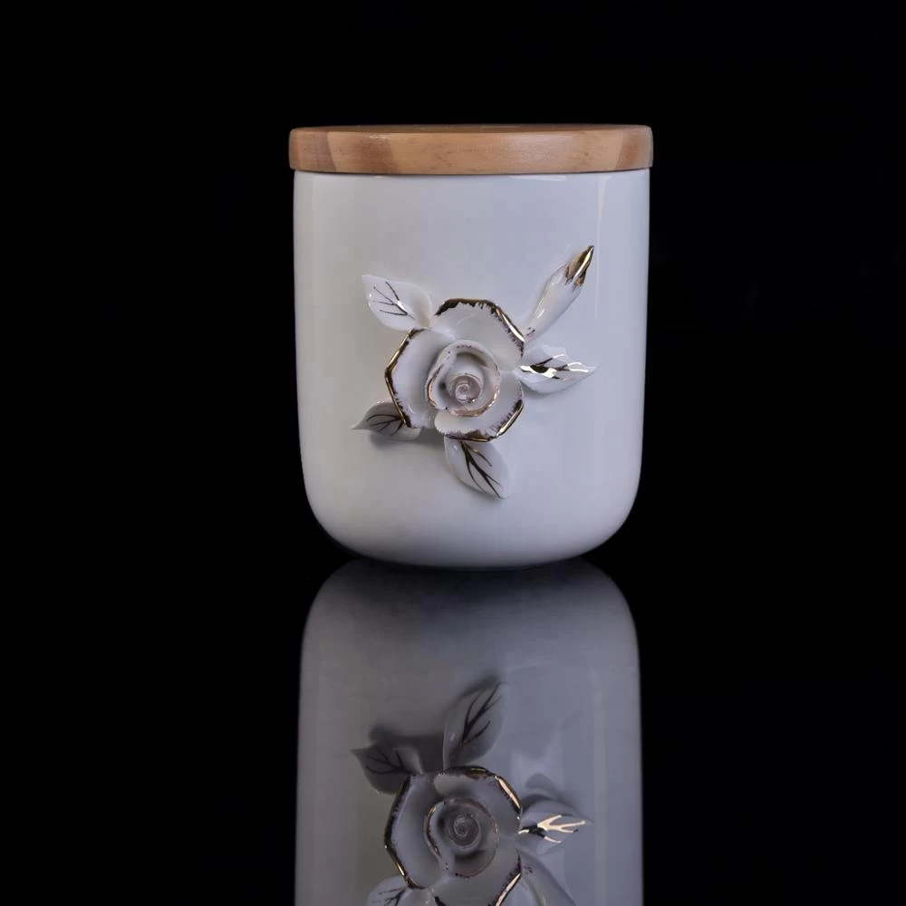 Wholesales custom white candle holder ceramic with wood lid